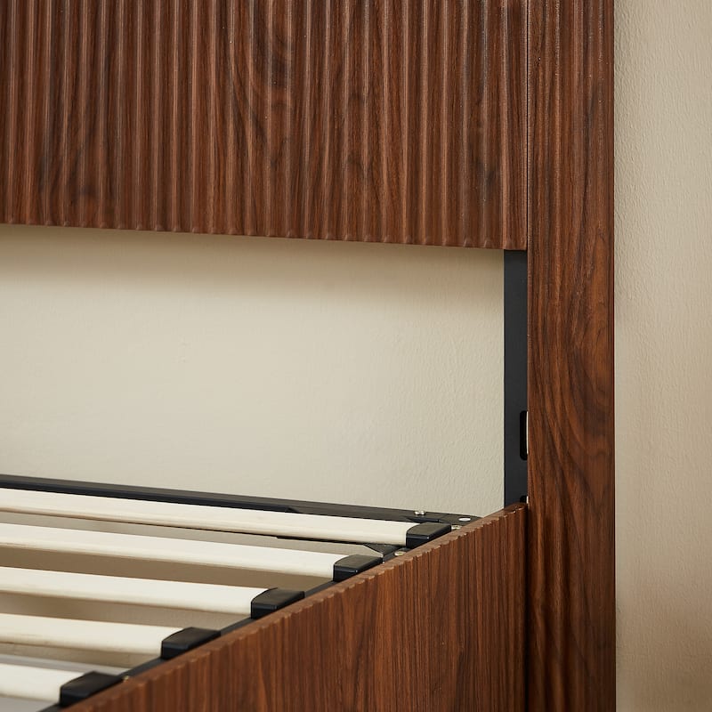 Queen Size Hydraulic Lift Storage Bed Frame, Wooden Corrugated Design, No Box Spring Needed, Walnut Finish