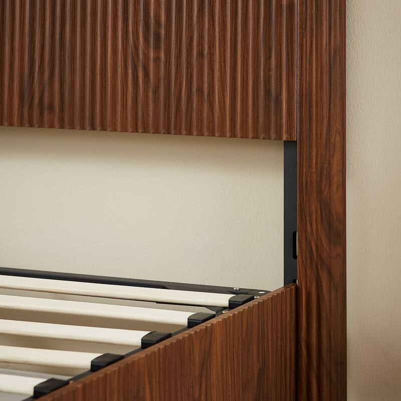 Queen Size Lift Up Storage Bed Frame, Wooden Corrugated Curved Lines, Hydraulic Storage/No Box Spring Needed