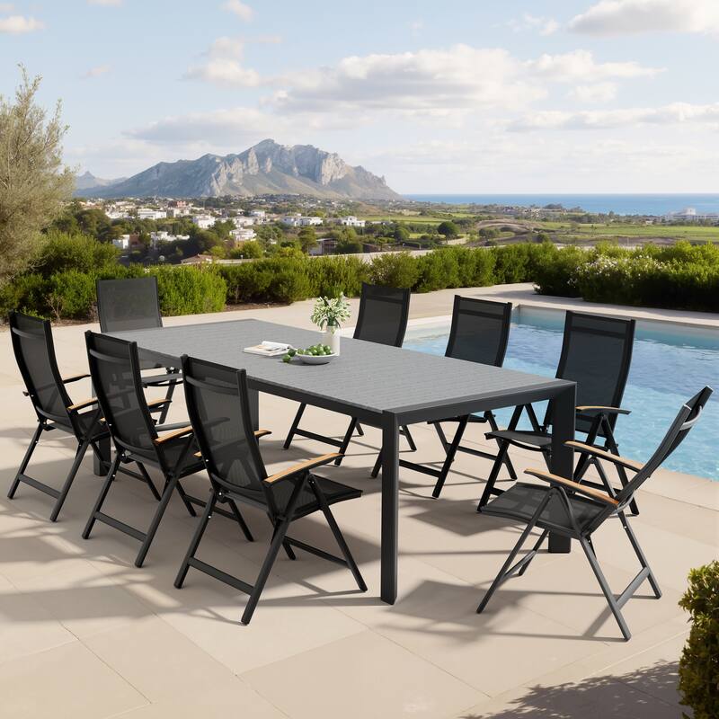 Set of 9 Outdoor Patio Dining Set WoodLike Table Top Aluminum Umbrella Hole Table with Folding Chairs