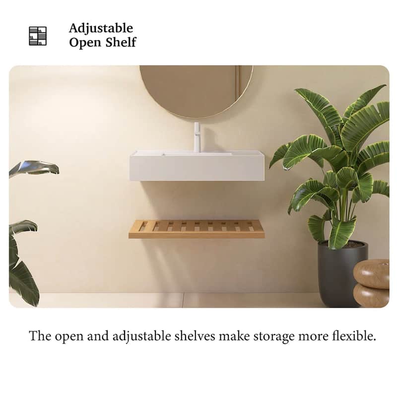 Wall-Mounted Bathroom Vanity in Natural Wood with White Integrated Acrylic Sink