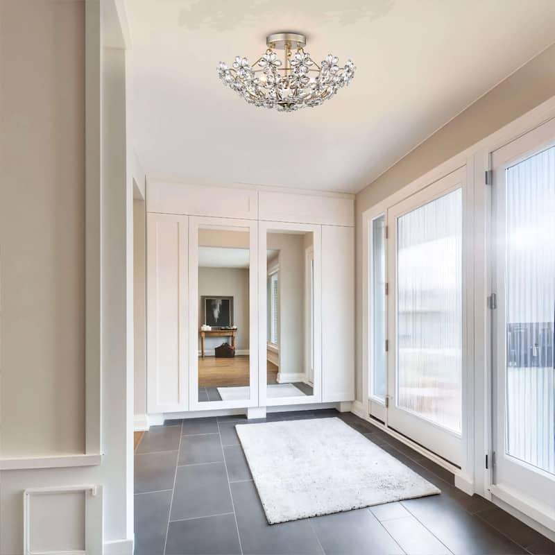 Rosa Glam 3-Light 20" Daisy Crystal Glass Flower Blossom Flush Mount - Brushed Silver-ish Champagne