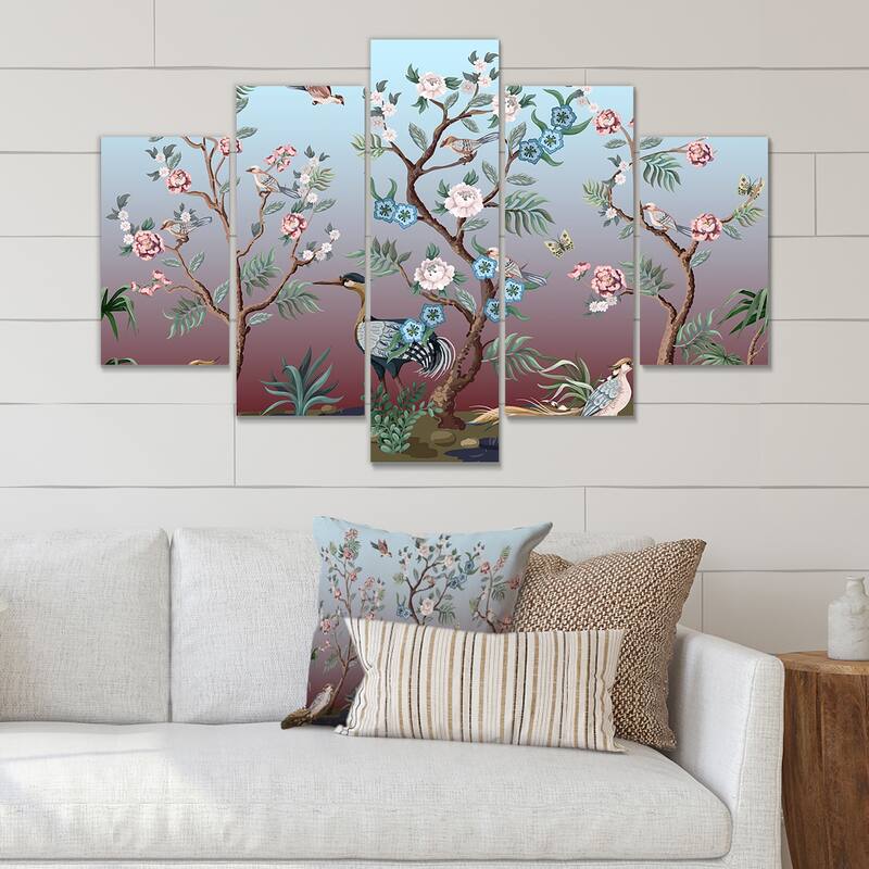 Designart "Chinoiserie With Birds and Peonies XI" Traditional Canvas Wall Art Print - 60 in. wide x 32 in. high - 5 Panels Diamond Shape