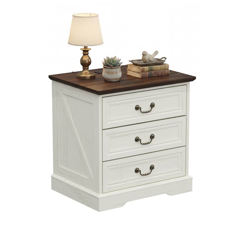Farmhouse Nightstand with Charging Station, 3 Drawer Bedside Table with 2 AC Outlets & 2 USB Ports, Rustic Wood End Table