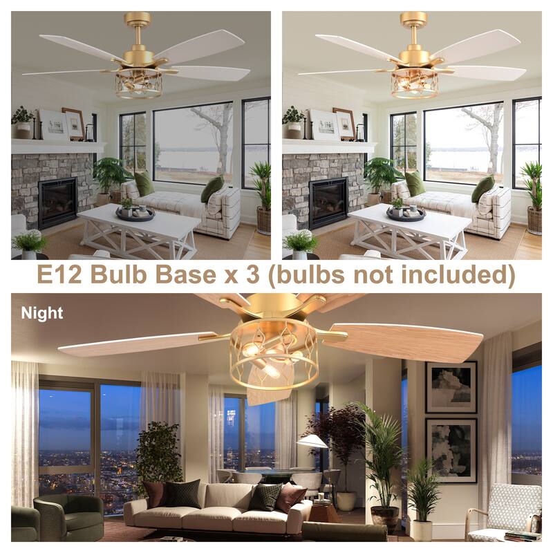 Bella Depot 52" Modern Gold Ceiling Fan with Light and Remote 6-Speed Large Caged Ceiling Fan