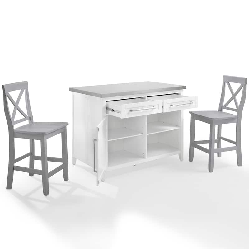 Crosley Silvia Stainless Steel Top Kitchen Island W/X-Back Stools - 57"d x 46"w x 41"h
