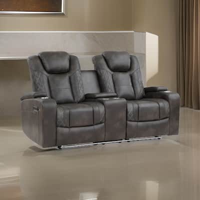 Mia 72 Inch Power Double Recliner Loveseat, Gray Faux Leather, LED, USB