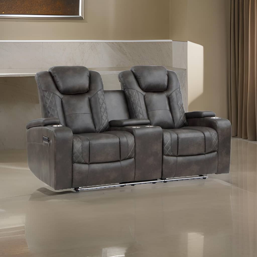 Mia 72 Inch Power Double Recliner Loveseat, Gray Faux Leather, LED, USB