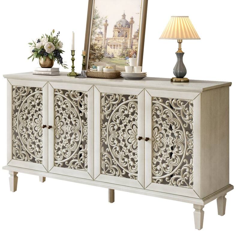60" Antique Buffet Sideboard with Floral Carvings Solid Wood Legs and Adjustable Shelves for Versatile Storage