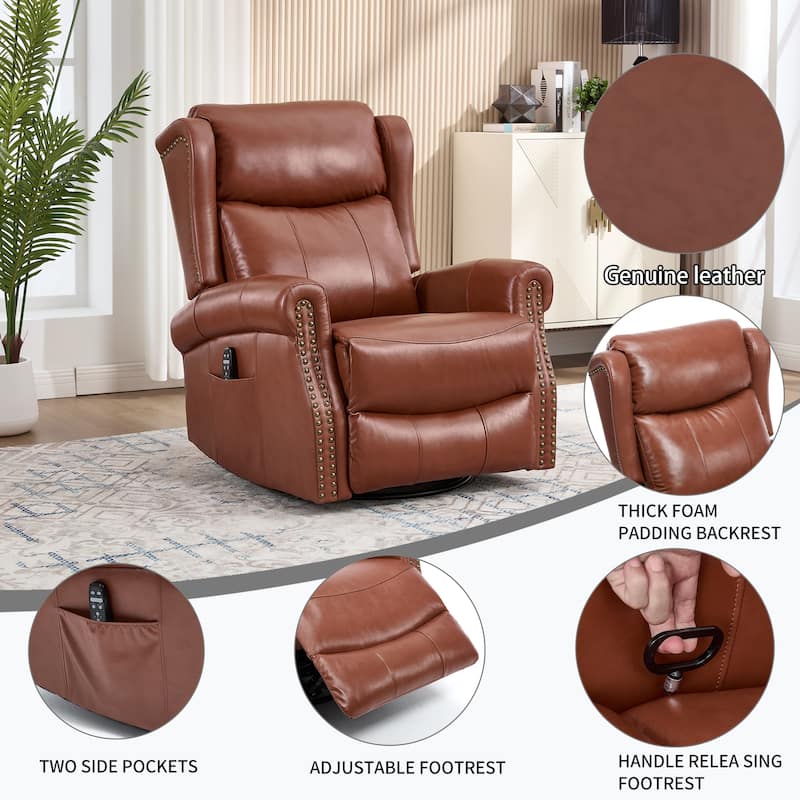 360° Swivel Rocking Recliner with Heat & Massage, Genuine Leather