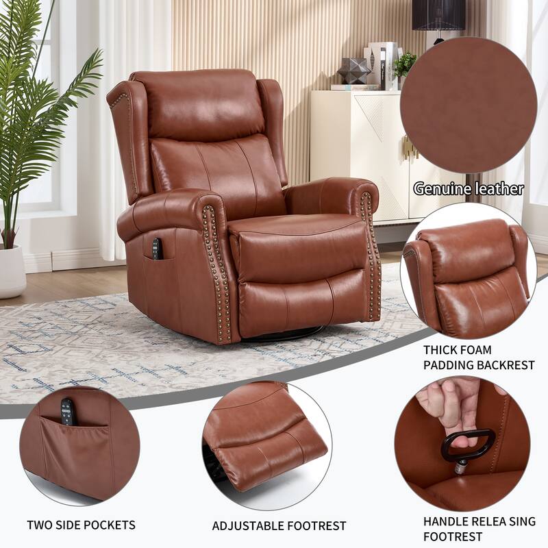 Genuine Leather Swivel Recliner Chair, Sofa Chair with Side Pockets, Manual Recliner Chair with Heat & Massage - Red