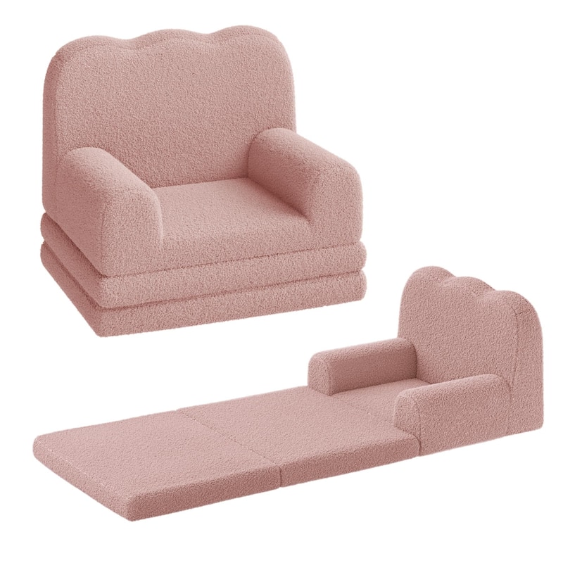 Kids Couch, 2-in-1 Convertible Teddy Fleece Fabric Toddler Sofa Chair - Pink