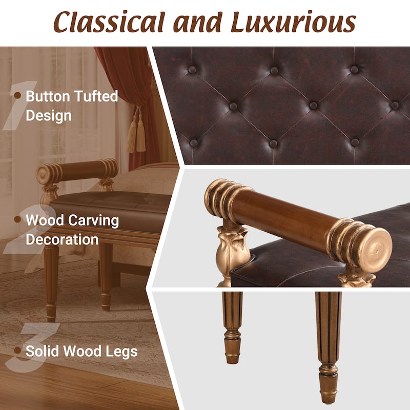 Christopher Knight Home - Mid-Century PU Leather Upholstered Bench with Button-Tufted Seat & Solid Wood Frame - 50"W