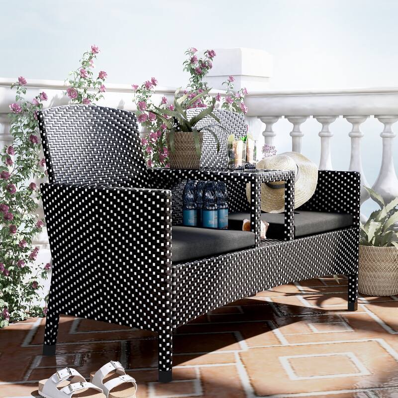 Lulu French Wicker Patio Loveseat with Built-in Glass End Table by Furniture of America