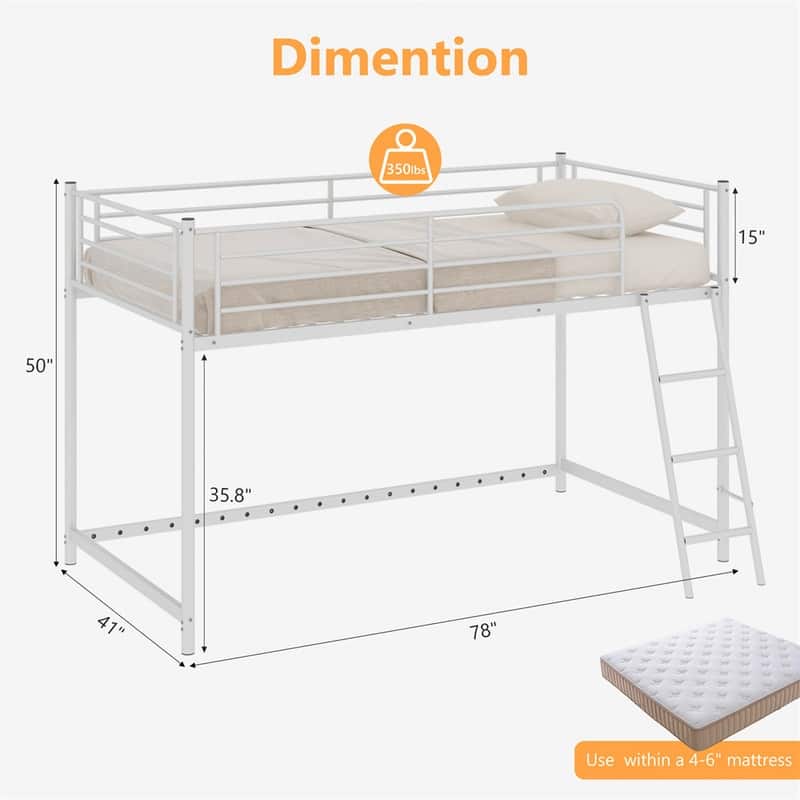 Junior Metal Twin Loft Bed With Guard Rails And Stairs