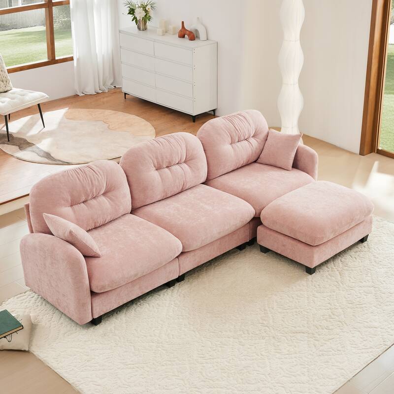 Modular Chenille Tufted Sofas Fits Bedroom, Living Rooms - Pink(3 Seat+1 Ottoman)