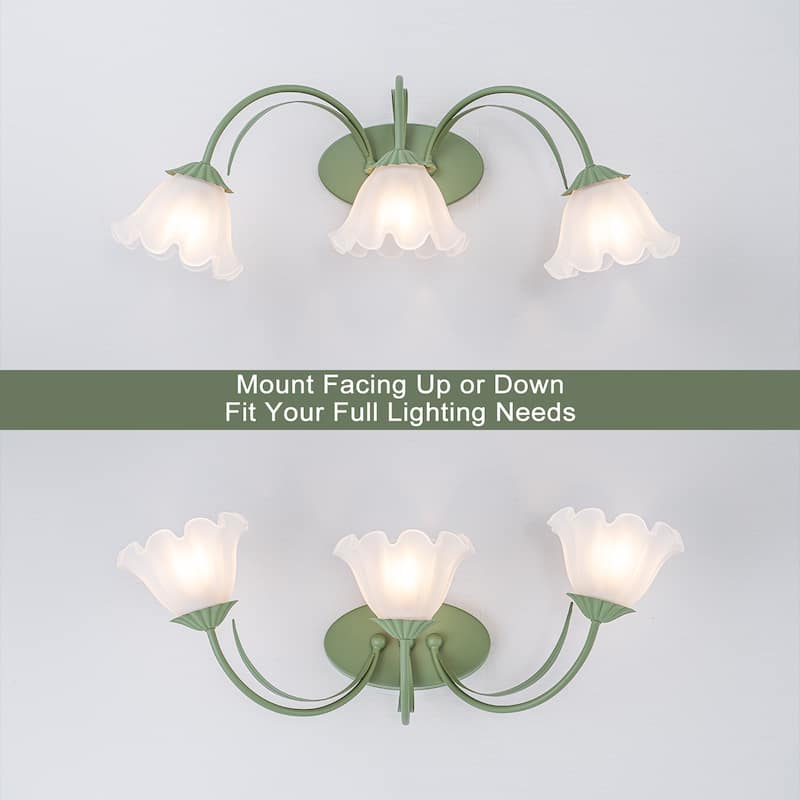 Green Metal Flower Frosted Glass Wall Sconce for Bathroom Vanity