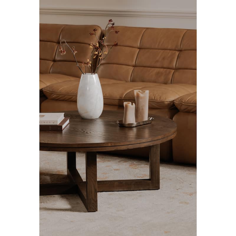 NADAAL STUDIOS Arlisse Coffee Table, Round Top, Solid Oak, Dual‑Layer Top with V‑Groove Iron Crisscross Base, Dark Brown