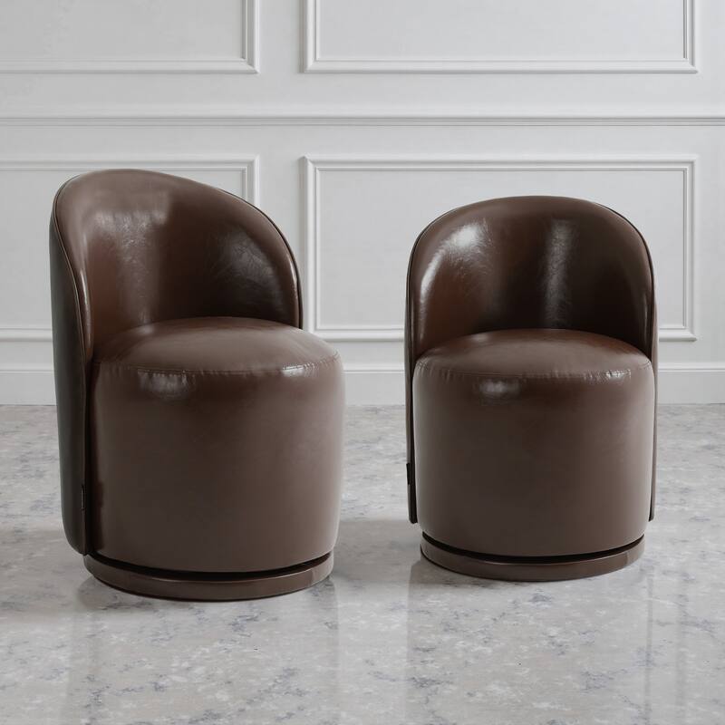 Modern Armless 360-Degree Swivel Dining Chair Barrel Chair - SET OF 2 - RED BROWN LEATHER