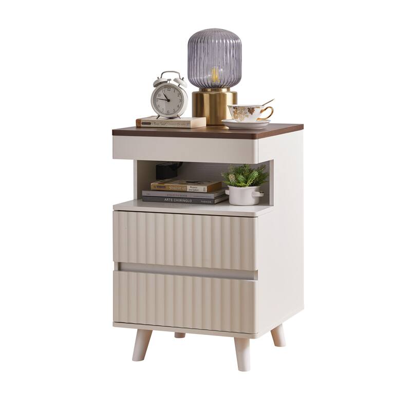 Modern Bedside Table with Gun Drawer,Bedside Table with Charging Station, 2 Drawers and Open Shelf,Side Table for Bedroom