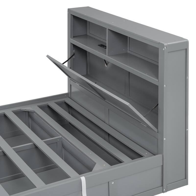 Full/Queen Size Hydraulic Storage Platform Bed Frame with LED, Charging Station and 2 Drawers