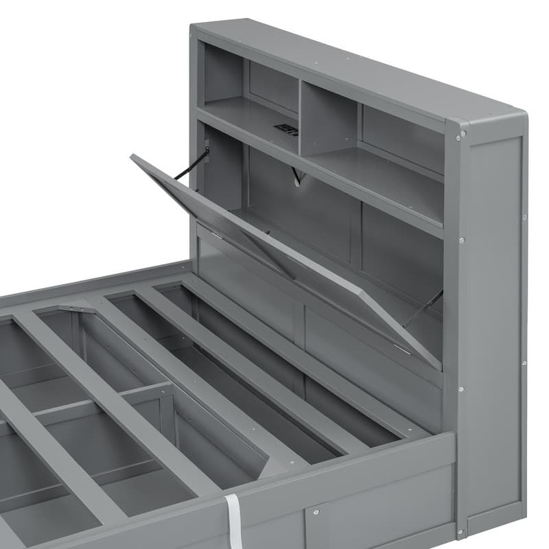 Queen Size Wood Platform Bed with LED Headboard Charging Station 2 Drawers Hydraulic Storage