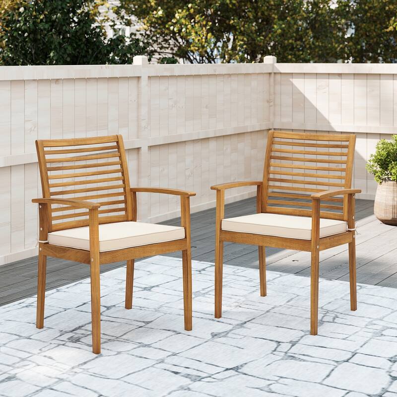 Natural Acacia Wood Patio Dining Chairs with Cushions Set of 2 Outdoor - 22.5" x 21.5" x 34"
