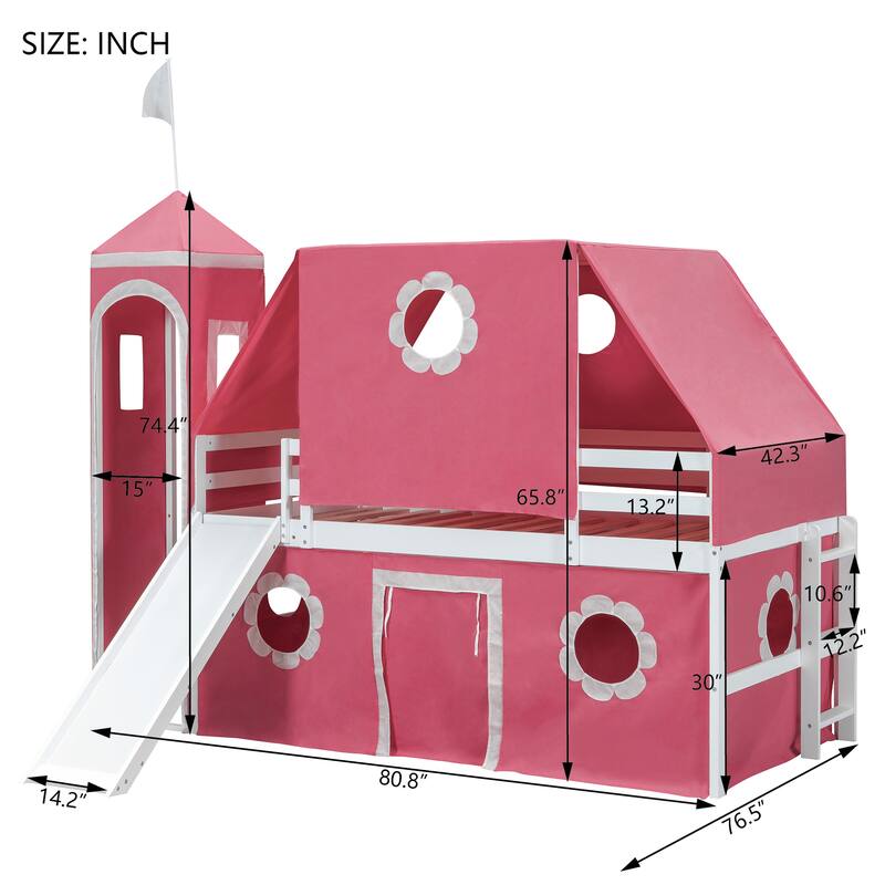 Castle Frame Bed Wood Loft Bed Loft Bed Convertible To Mini Playground with Pink Tent and Tower, Child Bed Tent