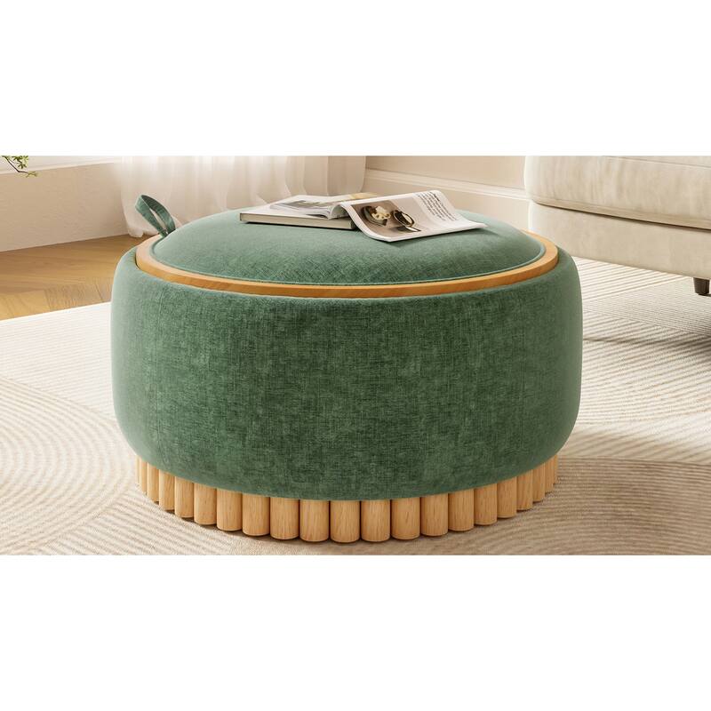 Roomfitters 29 Inch Round Storage Ottoman with Reversible Wooden Tray Top, Upholstered Coffee Table for Living Room