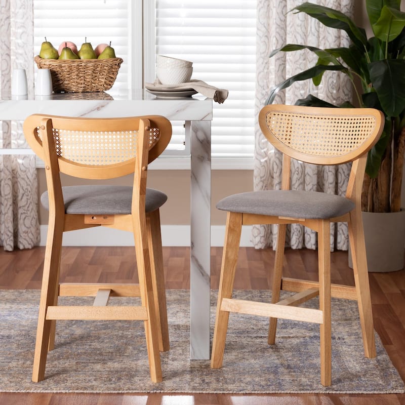 Dannell Mid-Century Modern Fabric and Wood 2-Piece Counter Stool Set - Grey, Natural Oak, Light Brown
