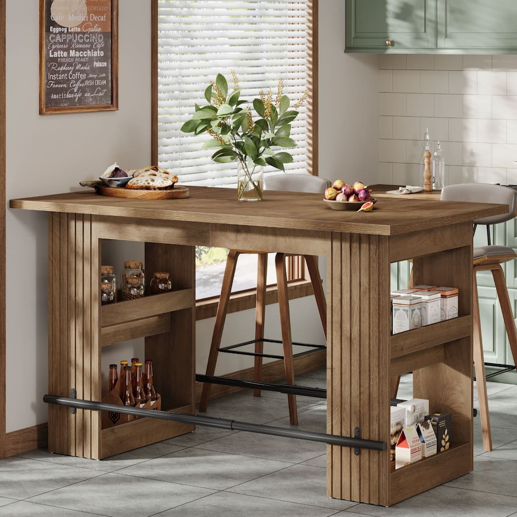 63 Inch Bar Table with Storage Shelves, Counter Height Pub Dining Table with Footrest - 62.99" L x 31.5" W x 37.4" H