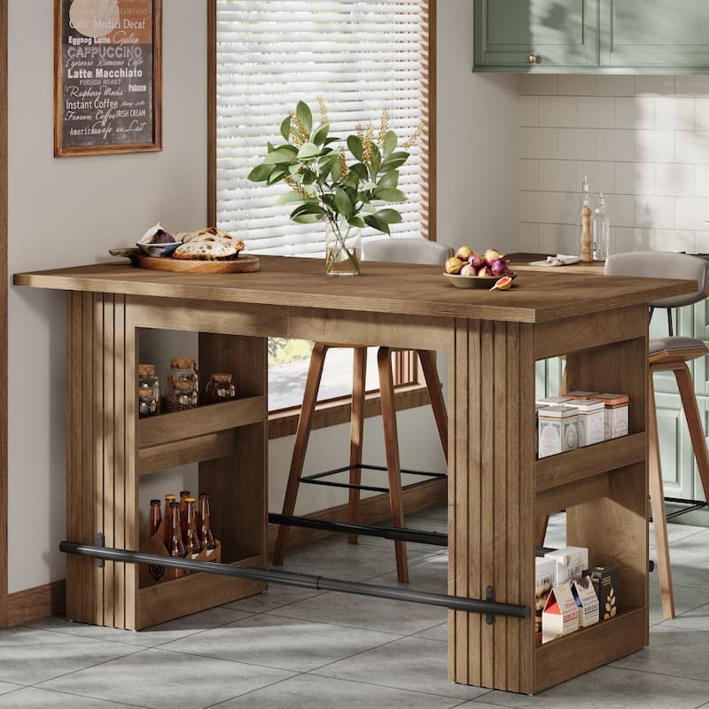 63 Inch Bar Table with Storage Shelves, Counter Height Pub Dining Table with Footrest - 62.99" L x 31.5" W x 37.4" H - Rustic Brown & Black