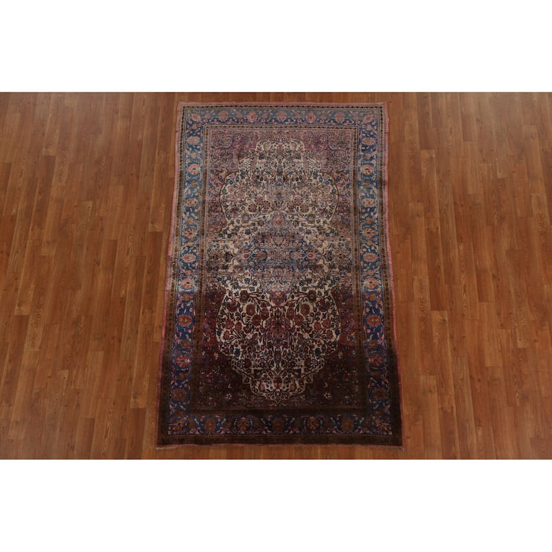 Silk Pre-1900 Antique Kashan Mohtasham Persian Area Rug Hand-knotted - 4'1" x 6'10"