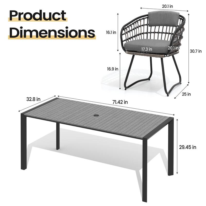 7-Piece Outdoor Patio Dining Set Wood Like Table Top Aluminum Rectangular Umbrella Hole Table with Rattan Chairs