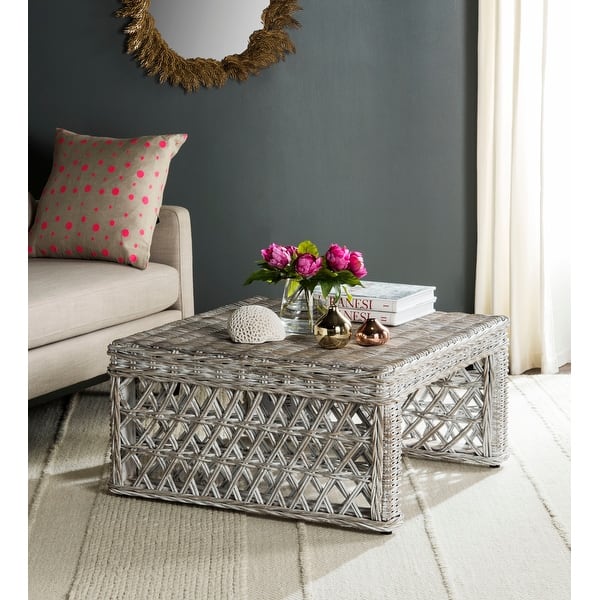 slide 2 of 6, SAFAVIEH Shila White Washed Rattan Table - 31.5" x 31.5" x 17.6"