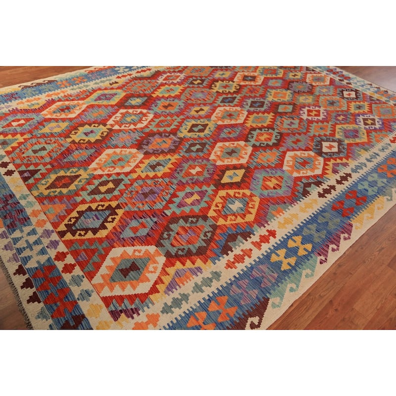 Geometric Kilim Oriental Area Rug Hand-Woven Wool Carpet - 8'5"x 11'5"
