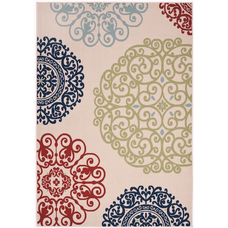 SAFAVIEH Veranda Indoor/ Outdoor Waterproof Patio Backyard Rug - 6'7" x 9' - 6'7" x 9' - Cream/Sweet Pea