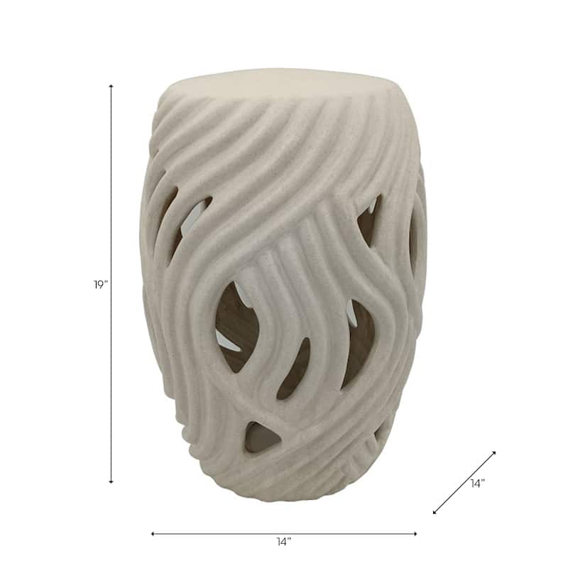 Ceramic Garden Stool Openwork Wave Design for Home Office - 19" White