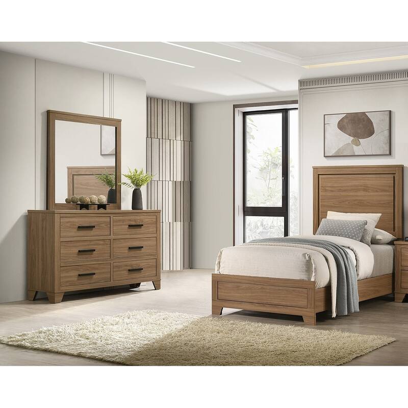 Modern Walnut Finish 3pc Bedroom Furniture Set Bed Dresser Mirror - Twin