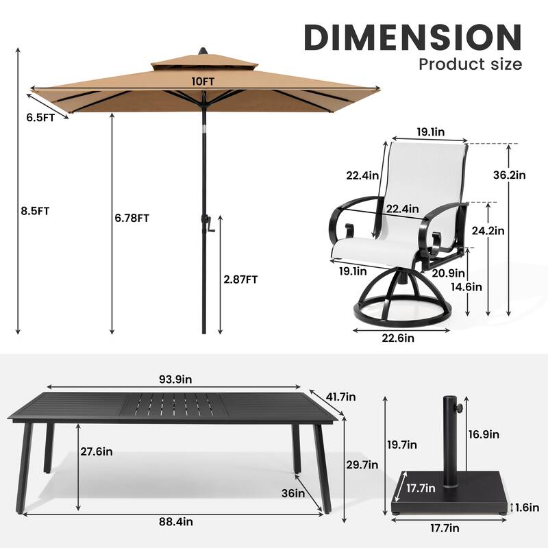 11-Piece Outdoor Patio Dining Set Aluminum Table and Swivel Sunbrella Dining Chairs w/ Umbrella and Base