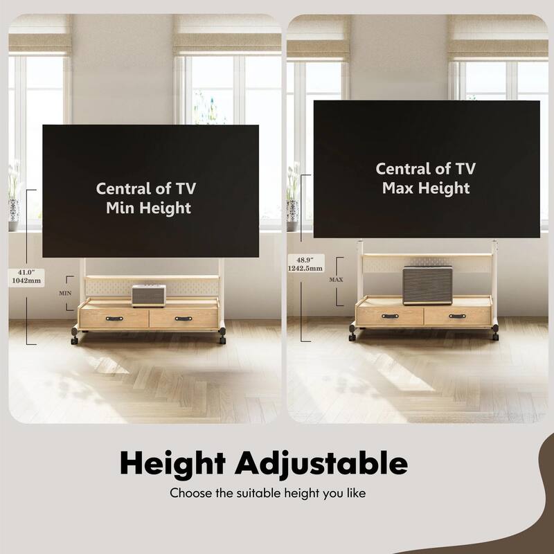 FITUEYES Mobile TV Stand for 70-100 inch Large TVs, Height Adjustable and Multi-functional with Wooden Large Drawer Storage