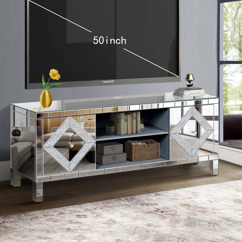 Modern Mirrored Crushed Diamond TV Stand, for 50-Inch TVs with 2 Cabinets and 2 Open Storage Spaces, for Living Room
