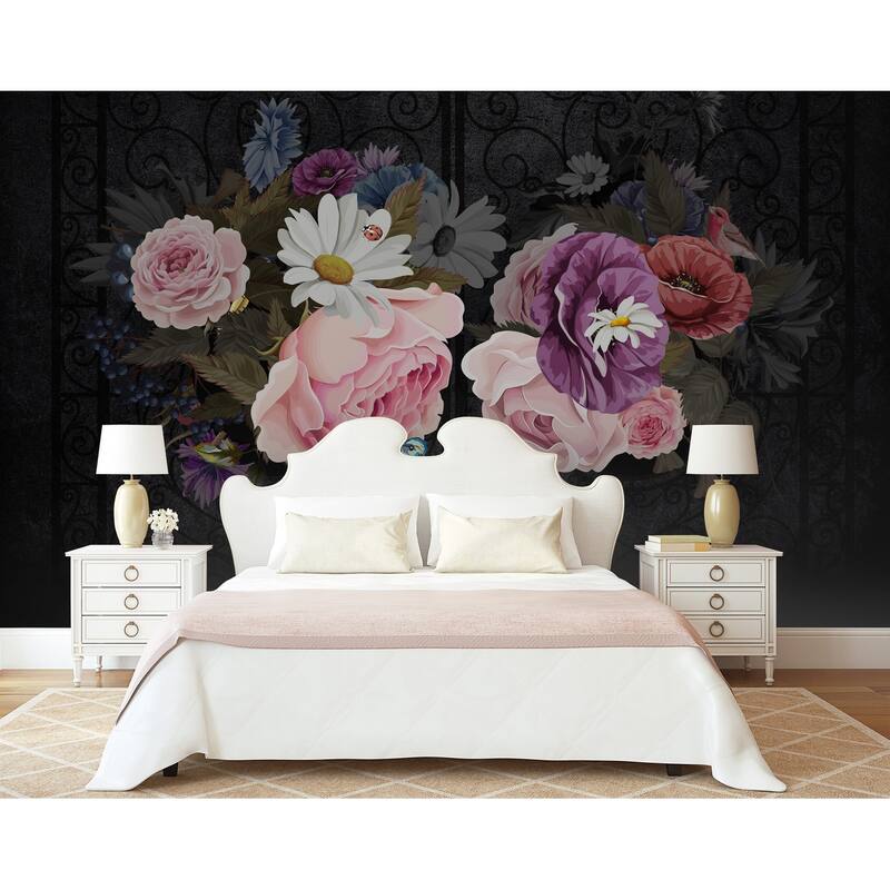 Dark Floral Colorful Peony Pink Flower TEXTILE Wallpaper Bed Bath