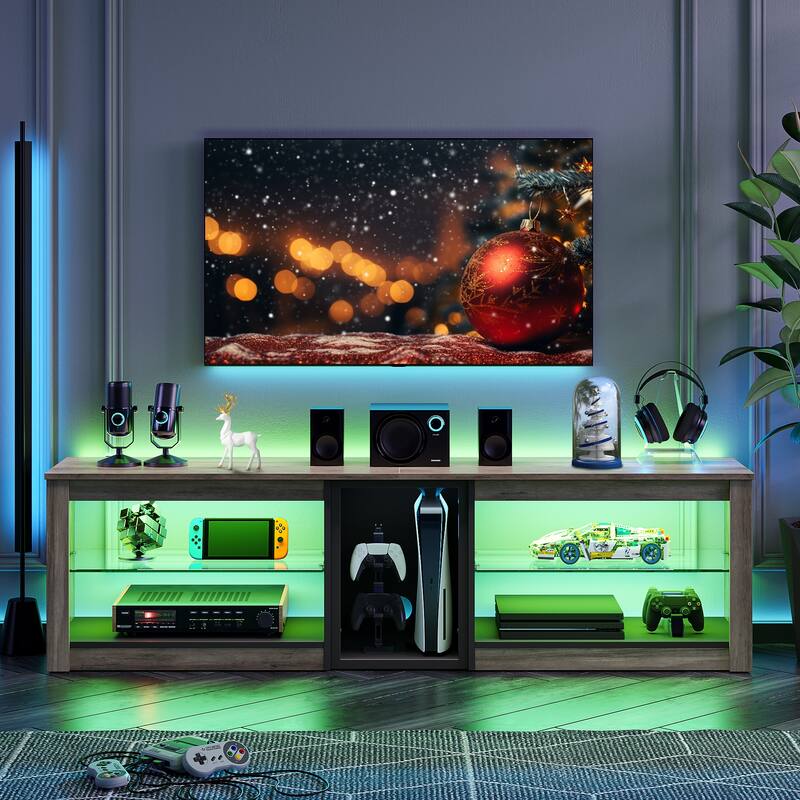 63" TV Stand Gaming Entertainment Center for TVs up to 70" with LED Lights Cabinet and Shelves