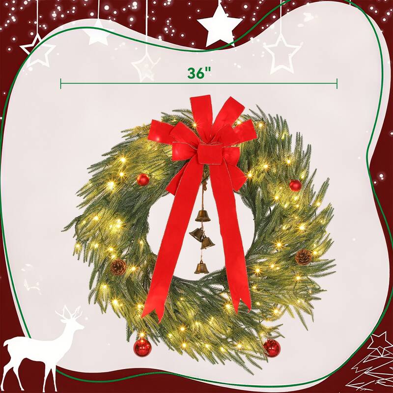 HOMCOM 36 Inch Christmas Wreath for Front Door with 100 LED Lights, Prelit Christmas Wreath with 8 Lighting Modes
