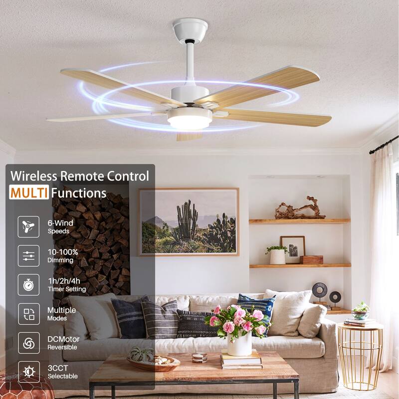 Modern Farmhouse Large Ceiling Fan with Integrated Light and Remote, Ceiling Fan with Timer and 6-speed Wind