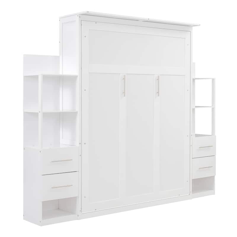 Murphy Bed Foldable Bed with Two 4-Layer Shelves Space Optimizing Wall Bed with 4 Drawers and LED Lights for Bedroom Apartment