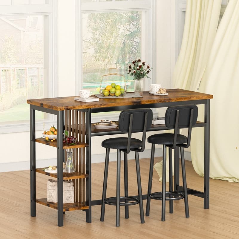 3-Piece Dining Room Table Set with 2 Upholstered Bar Stools, Modern Farmhouse Bar Table Set for 2 with Multiple Tier Shelves