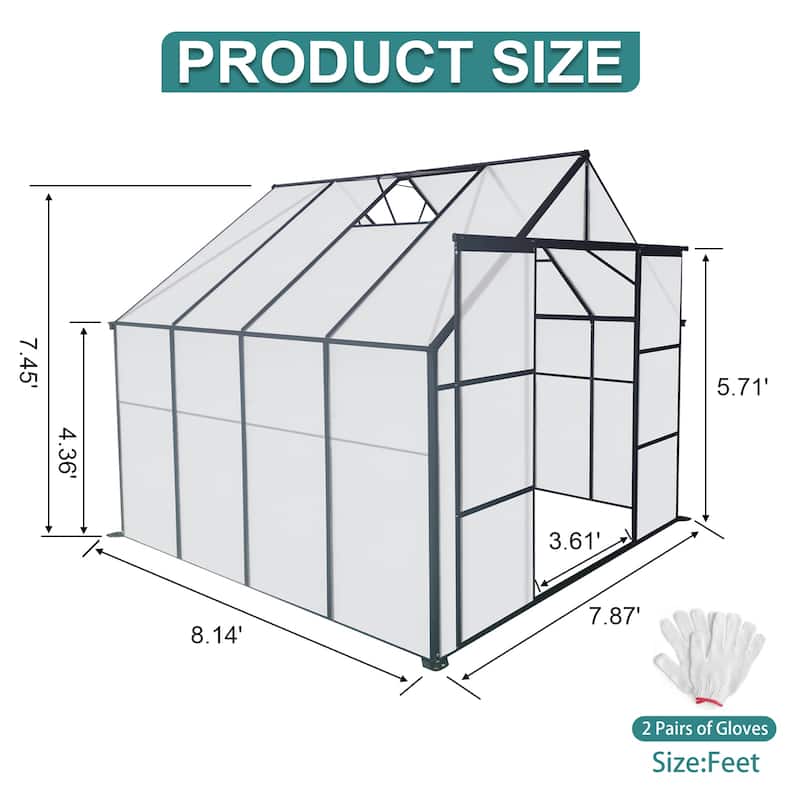 8x8 FT Double Door Polycarbonate Greenhouse Raised Base and Anchor Aluminum Heavy Duty Walk-in Greenhouses for Outdoor Backyard
