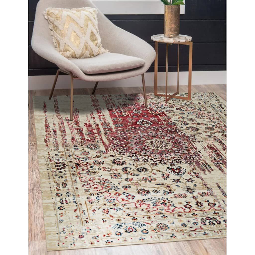Hand Crafted Wool & Viscose Ivory/Red Contemporary Modern Rug - Modern Elegance and Luxurious Design - 5' x 8'