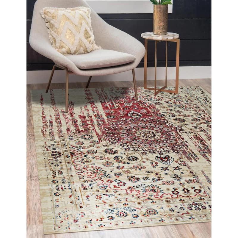 Ivory and Red Contemporary Modern Hand-Crafted Area Rug - Stylish and Elegant Design - 5' x 8'